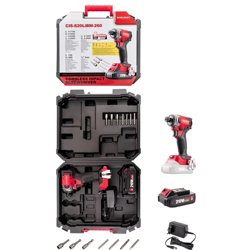 Uťahovák Worcraft CIS-S20LiBM-260 ShareSYS, 20V Li-Ion, rázový, HEX, 260Nm, bezuhlíkový, SET 1x akumulátor 2.0 Ah + 1x nabíjačka, v kufri
