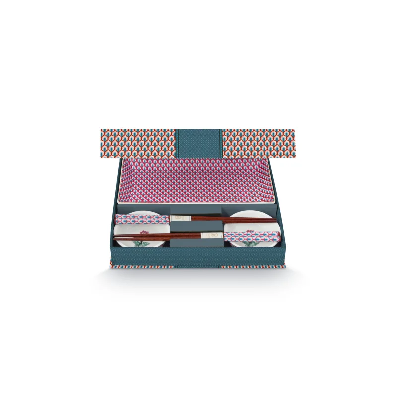 Pip Studio Flower Festival Oriental sada 2 kusů talířků 23x11,5x2,2cm, 2 kusů misek Ø8cm a 2 sad hůlek, modrá