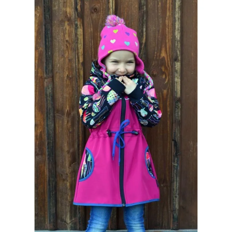 Softshellový kabátik na stiahnutie v pase malina/meduzy, veľ. 122-134