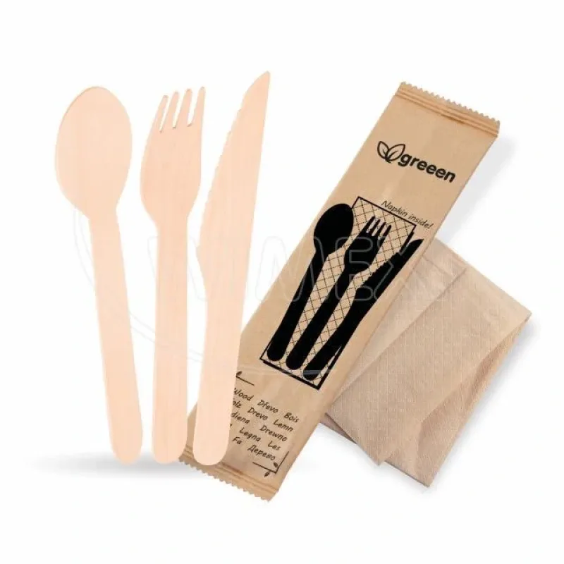 Sada dřevěných příborů (dřevo FSC 100%)(vidlička + nůž + lžíce + ubrousek) [50 sad] (40036 - 10B)