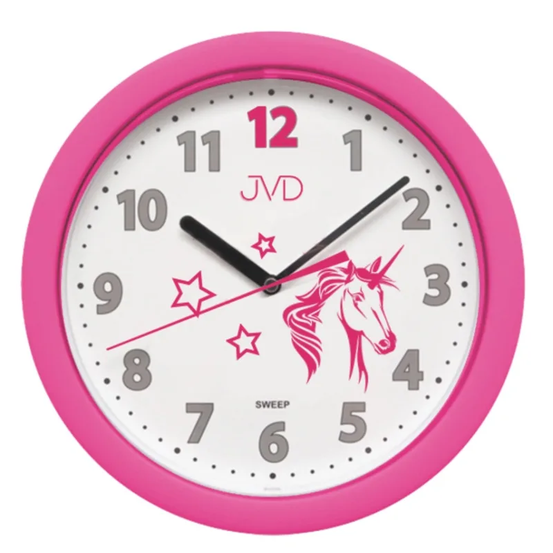 JVD Růžové netikající tiché hodiny JVD HP612.D7 s tichým chodem a jednorožcem