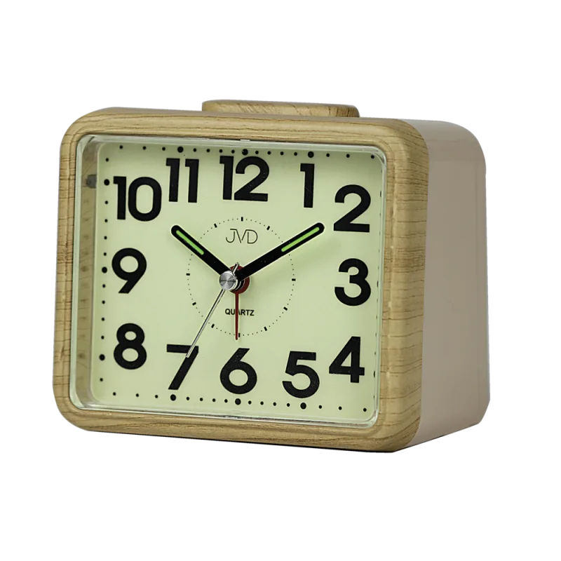 JVD Ručkový analogový netikající tichý budík JVD SRP1080.1 s luminiscenčním displejem v imitaci dřeva