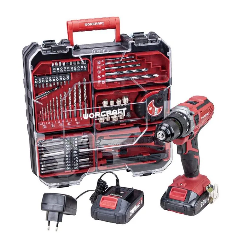 Skrutkovač Worcraft CD-S20LiWT ShareSYS, 20V Li-ion, 2x akumulátor 2.0 Ah, nabíjačka, set s príslušenstvom 74ks, v kufríku