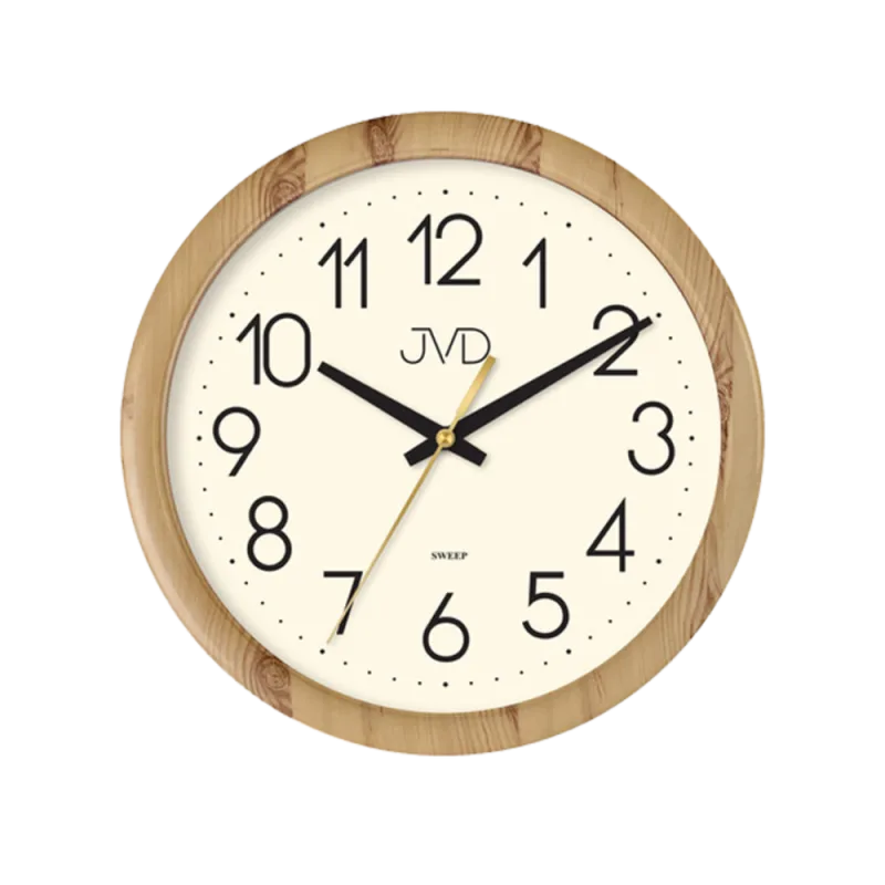 JVD Nástěnné bílé čitelné netikající tiché hodiny JVD H608.2 v imitaci dřeva