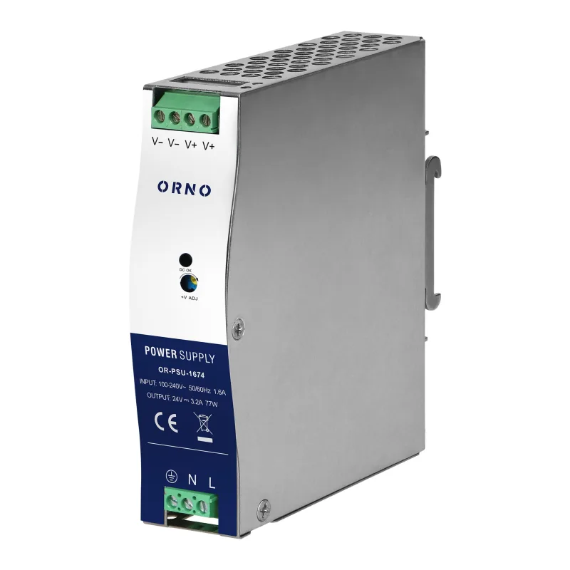 ORNO Priemyselný napájací zdroj na DIN lištu, 24VDC 3,2A 77W, kovové puzdro