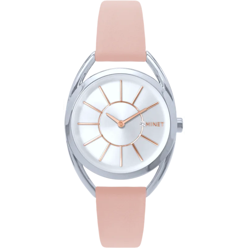 MINET Stříbrné dámské hodinky ICON SILVER s růžovým koženým řemínkem MWL5236