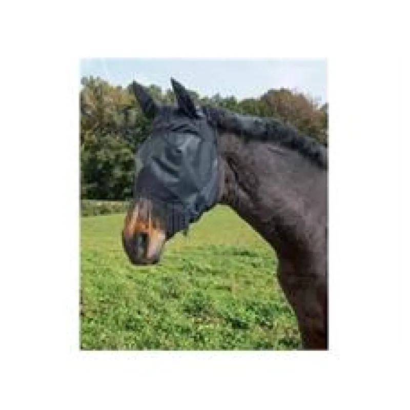 Maska proti hmyzu pro koně s ochrannou síťkou na uši nozdry, z PVC s třásněmi černá, plnokrevník