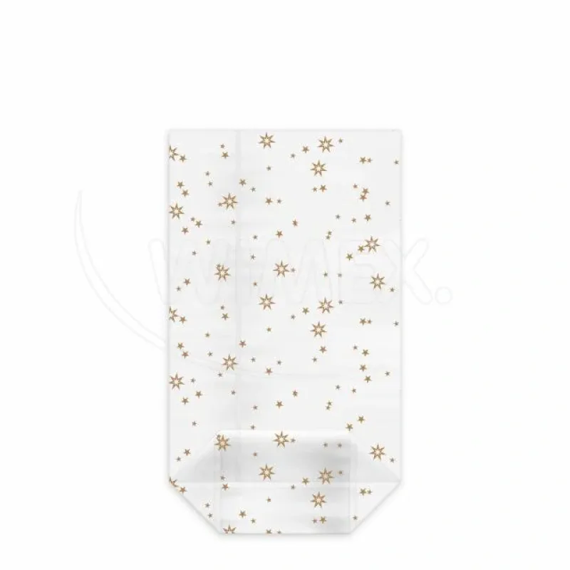 Sáček čirý (OPP) s křížovým dnem Hvězdy zlaté 11,5 x 19 + 4,5 cm [100 ks] (93111) (Celofánový sáček čirý (OPP) s křížovým dnem Hvězdy zlaté 11,5 x)