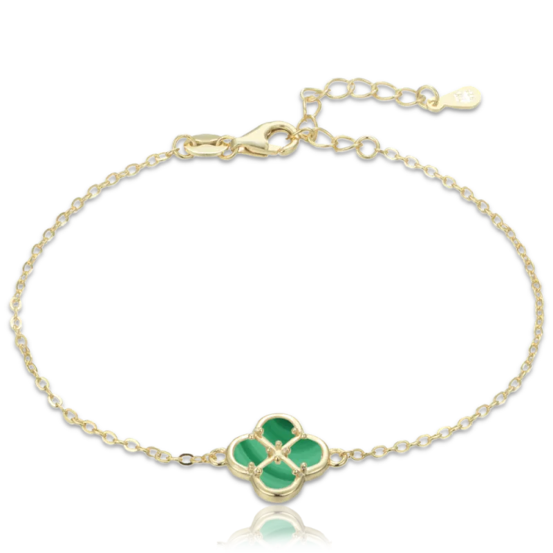MINET Pozlacený stříbrný náramek čtyřlístek s malachitem