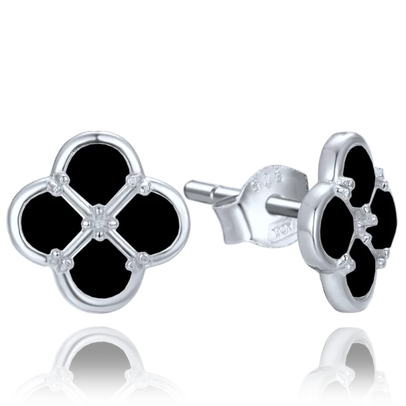 MINET Stříbrné náušnice čtyřlístky s černou perletí JMAS7058CE01