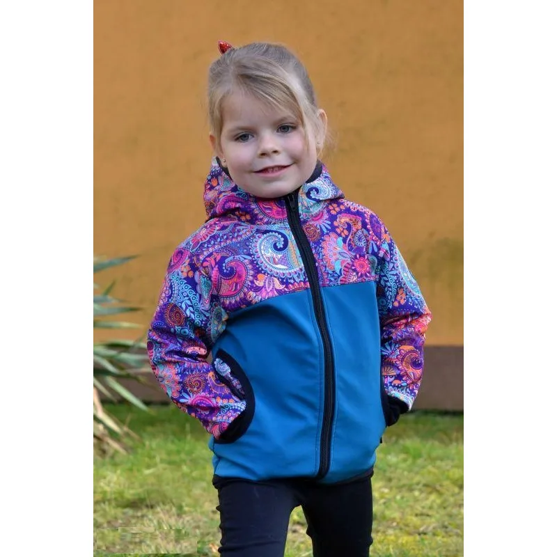 Softshellová bunda - petrolej/ornamenty, veľ. 122-134