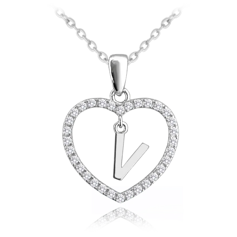 MINET Stříbrný náhrdelník písmeno v srdíčku "V" se zirkony JMAS900VSN45