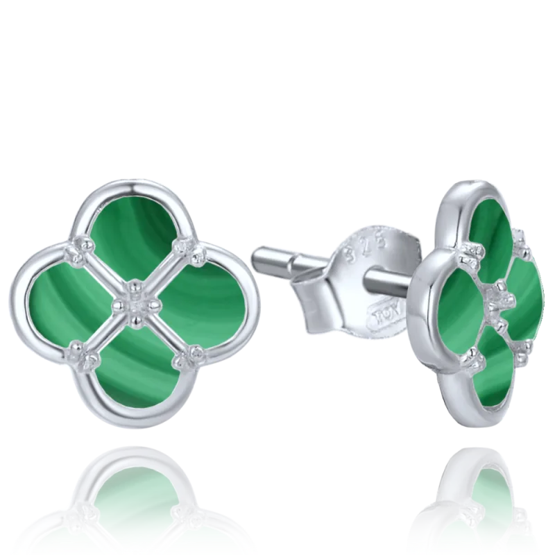 MINET Stříbrné náušnice čtyřlístky s malachitem JMAS7058ZE01