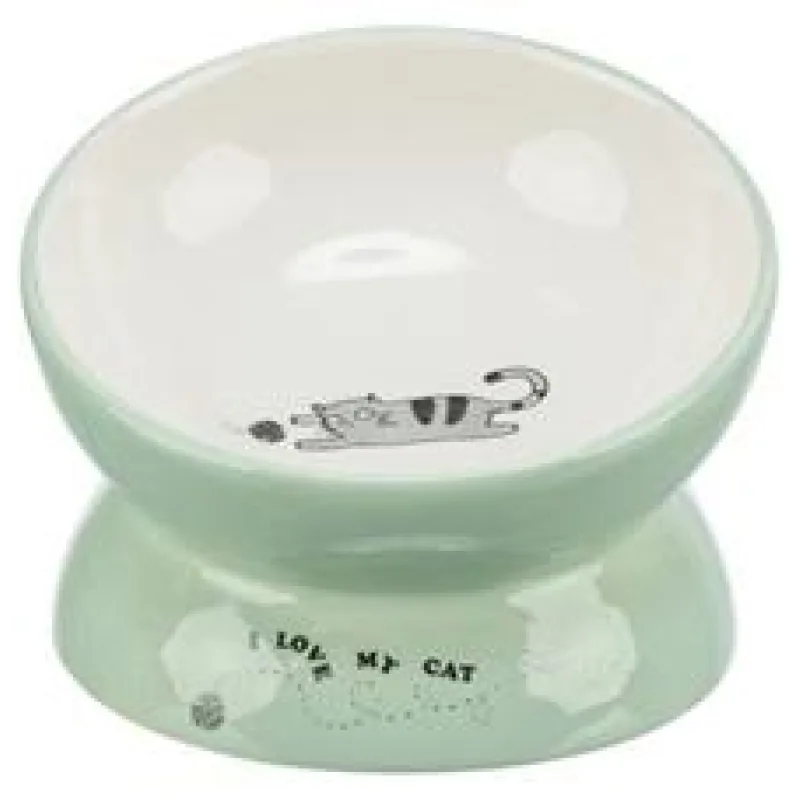 Keramická miska vyvýšená s motivem kočky, ergonomický tvar, 0,15 l / 13 cm, šalvěj/bílá 1 ks