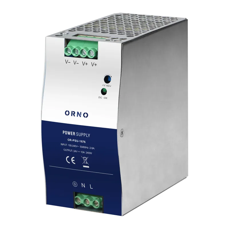 ORNO Priemyselný napájací zdroj na DIN lištu, 24VDC, 10A, 240W, kovové puzdro