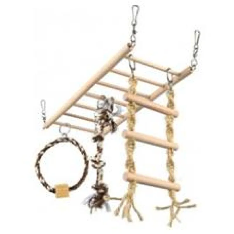 Závěsný žebřík s hračkami - činka, kruh, žebřík pro hlodavce 1 ks