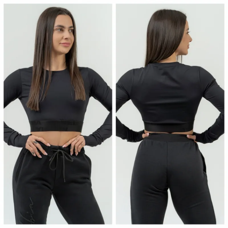Crop top s dlhým rukávom na cvičenie 839 Black - NEBBIA Veľkosť: XS
