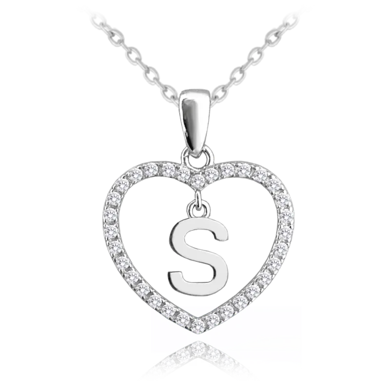 MINET Stříbrný náhrdelník písmeno v srdíčku "S" se zirkony JMAS900SSN45