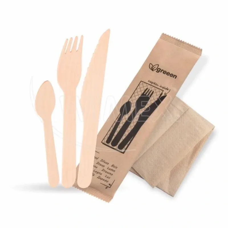 Sada dřevěných příborů (dřevo FSC 100%)(vidlička + nůž + lžička + ubrousek) [50 sad] (40035 - 10B)