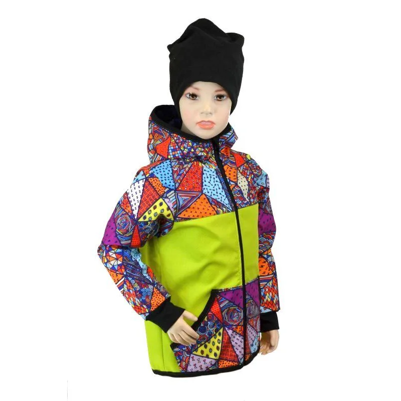 Detská bunda - bambusový softshell - limetka/bláznivé trojuholníky, veľ. 80-116