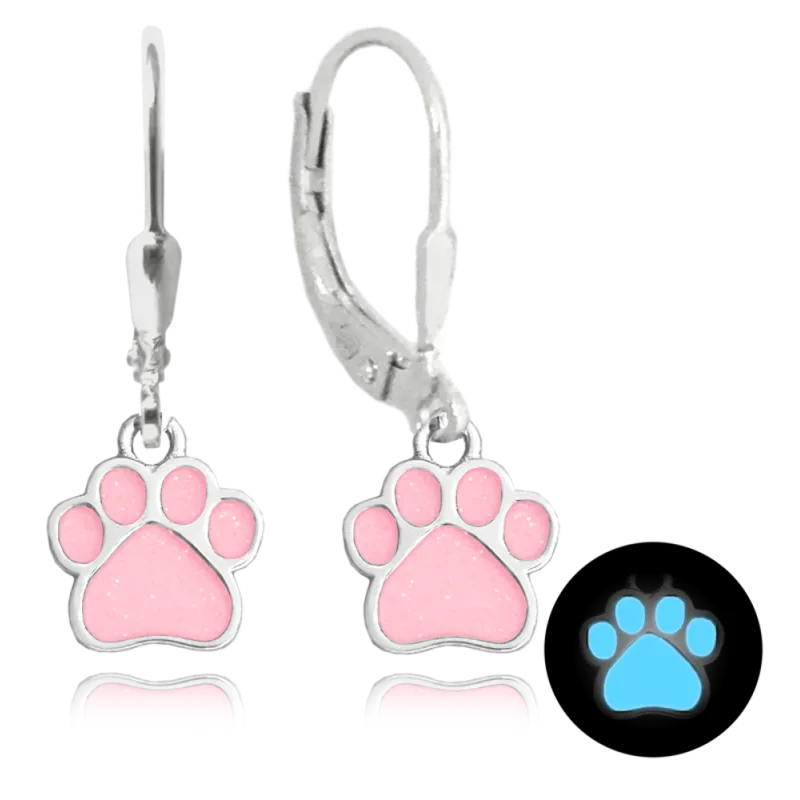 MINET Svítící růžové dětské stříbrné náušnice TLAPKY