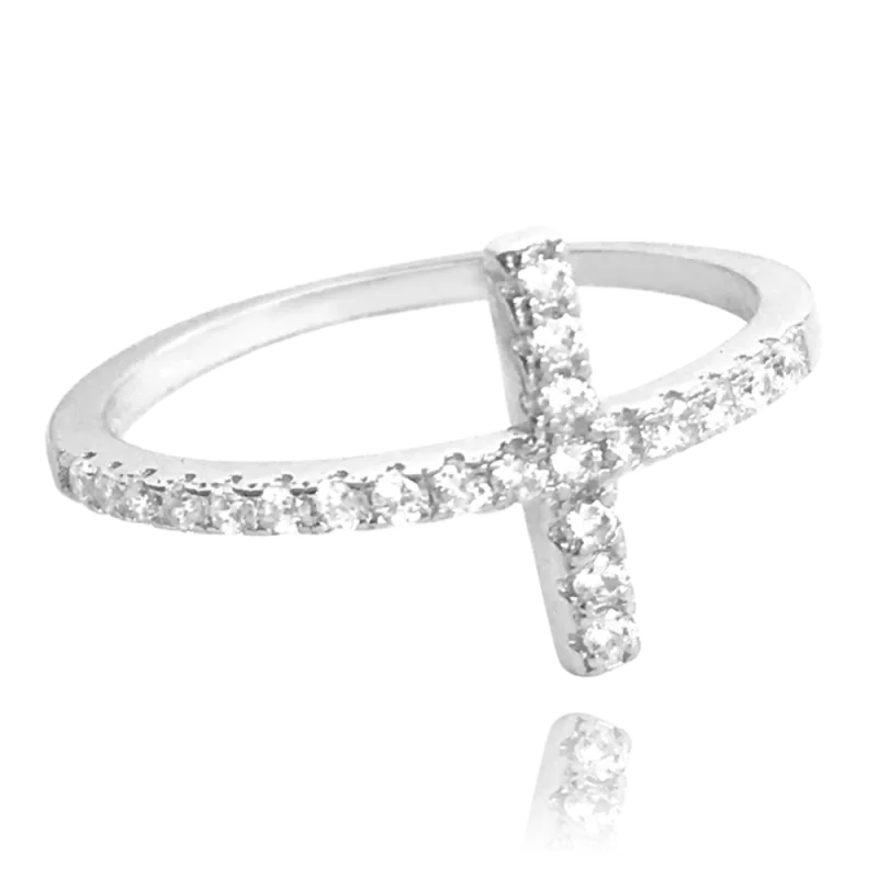 MINET Stříbrný prsten KŘÍŽEK s bílými zirkony vel. 56 JMAN0005SR56