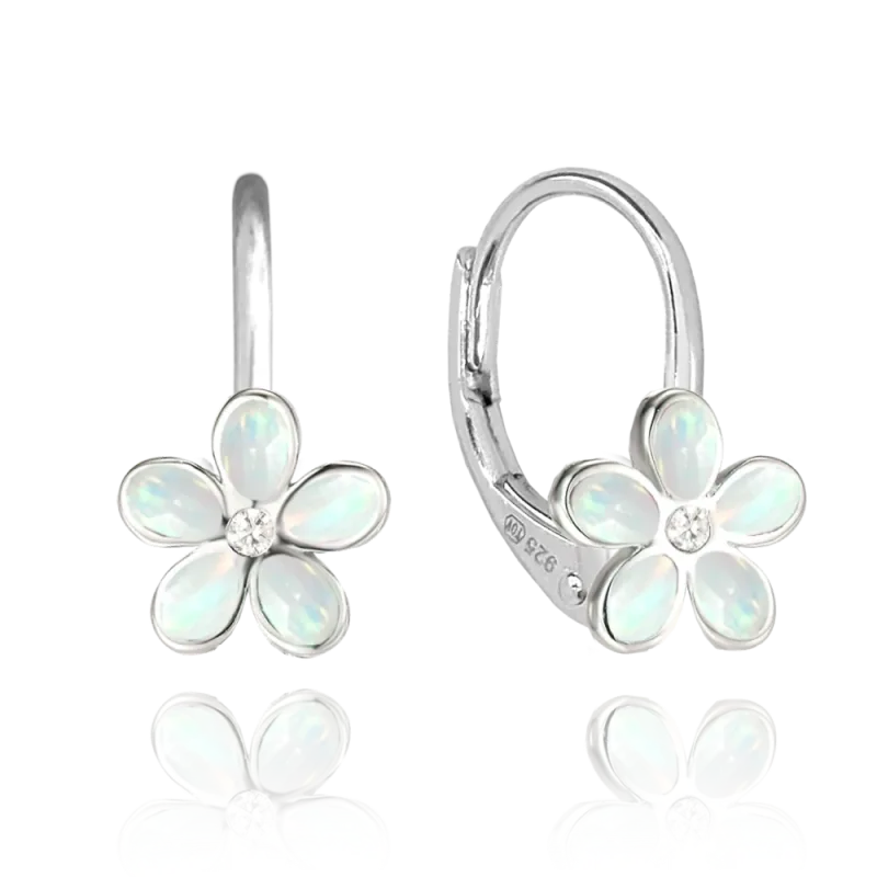 MINET Třpytivé dětské stříbrné náušnice KYTIČKY s bílými opálky a zirkonem JMAD0043WE01 SKLAD