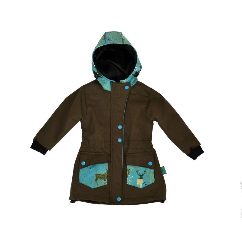 Softshellový kabátik na stiahnutie v pase - hnedá s jeleňmi, veľ. 140-152