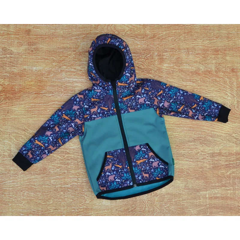 Softshellová bunda - petrolej/zvieratká v lese, 80-116