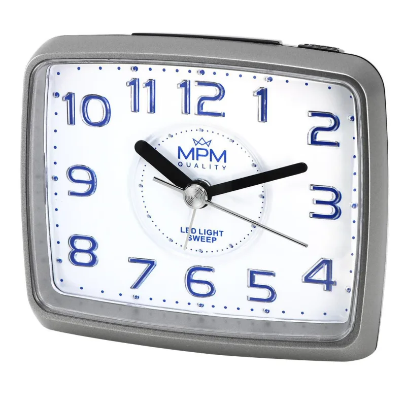 MPM Šedý netikající tichý sweep budík MPM s modrými číslicemi C01.3814