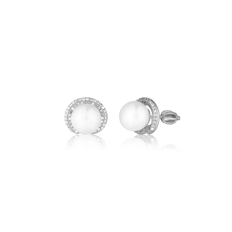 JVD Dámské stříbrné peckové náušnice se zirkony a perlami na šroubek SVLE0812SH2P1SR