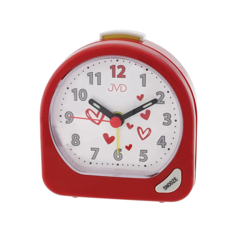 JVD Dětský červený ručkový budík JVD SR672.3 s červenými zamilovanými srdíčky