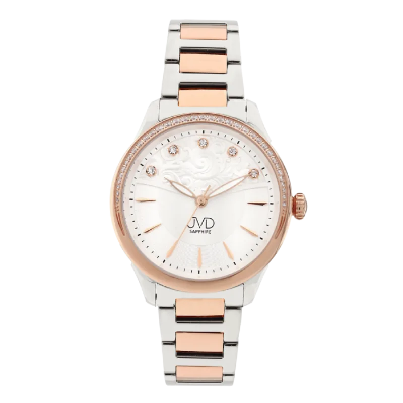 Dámské náramkové designové hodinky JVD JG1009.2 se zirkony na lunetě i číselníku