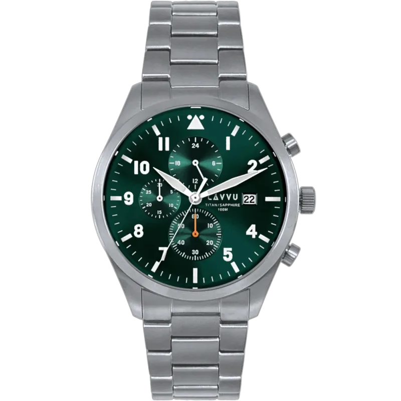 LAVVU Pánské titanové hodinky PILOT Chronograph Emerald Green 100M Sapphire LWM0291 - zelený číselník