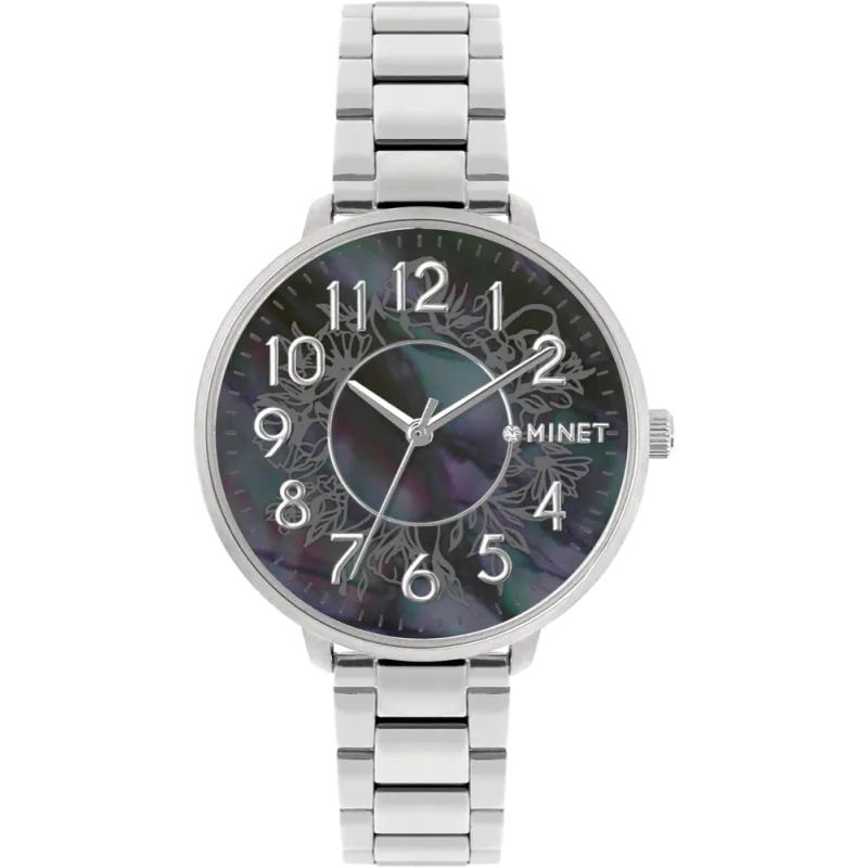 Stříbrno-černé dámské hodinky MINET PRAGUE Black Flower s čísly MWL5170 SKLAD