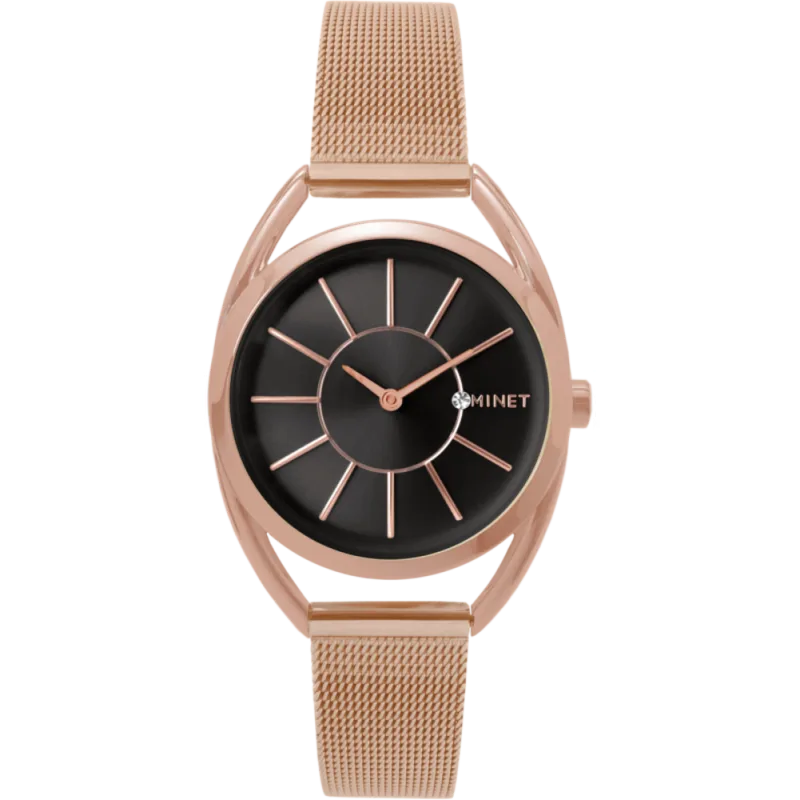 MINET Růžovo-černé dámské hodinky ICON ROSE GOLD BLACK MESH MWL5018