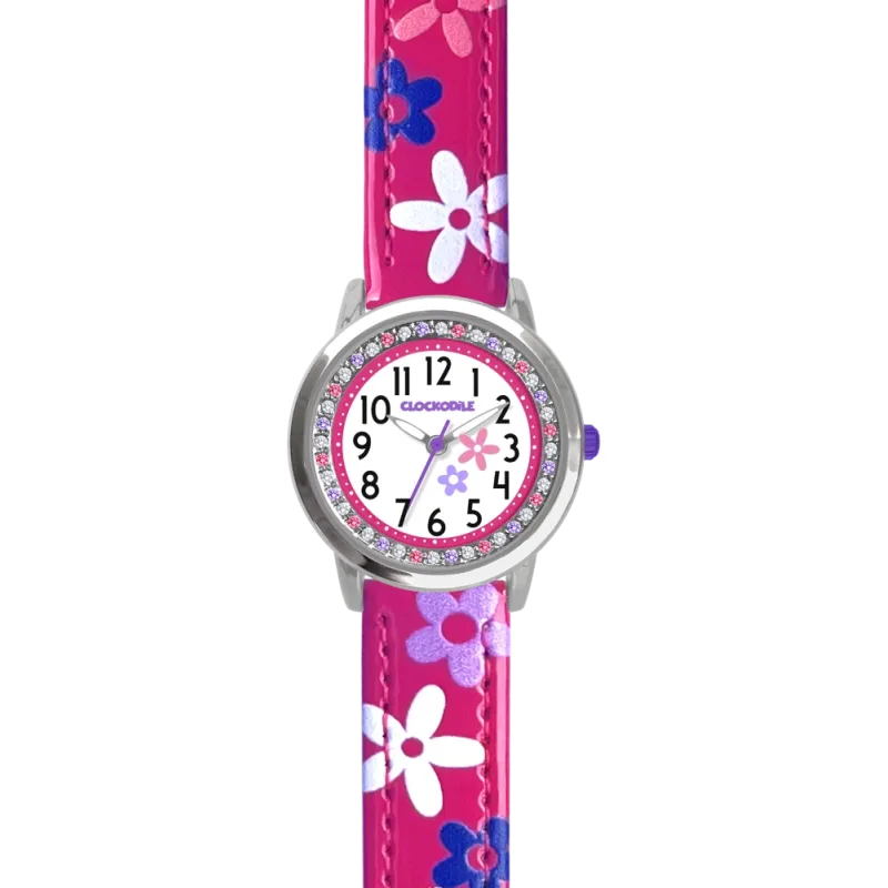 CLOCKODILE Náramkové růžové dívčí dětské hodinky s kamínky a kytičkami CWG5203
