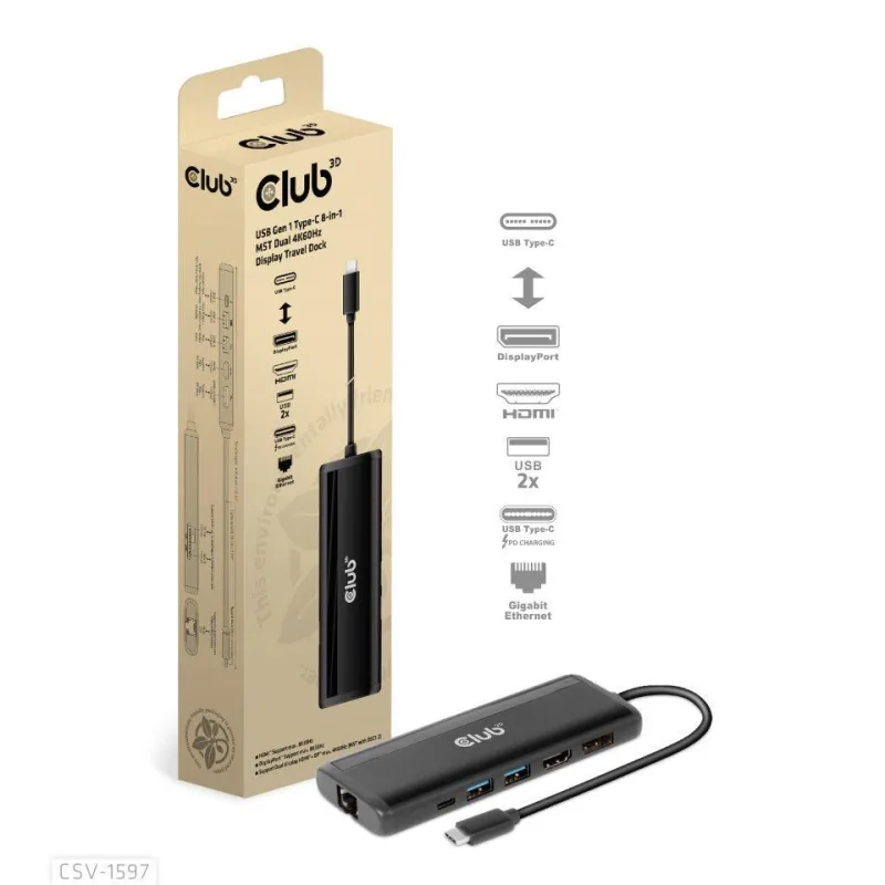 Club 3D Dokovací stanice USB-C 8v1, 1xDP, 1xHDMI, 1xUSB-C PD100W, …