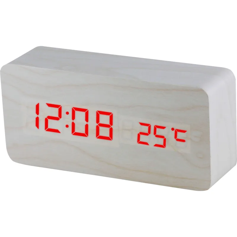 MPM Digitální budík s červenými LED diodami v dřevěném vzhledu C02.3564 RED LED
