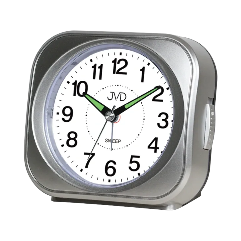 JVD Stříbrný tichý ručkový budík s LED osvětlením s plynulým chodem JVD SRP1604.2