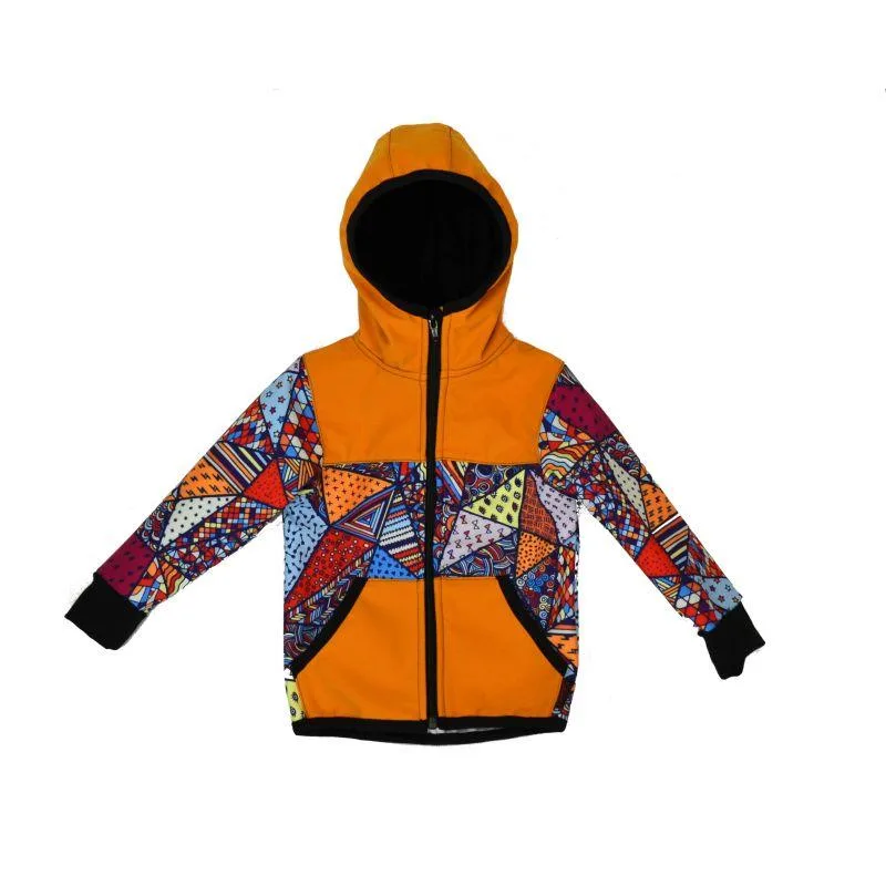 Softshellová bunda - medová / bláznivé trojuholníky, veľ. 140-152