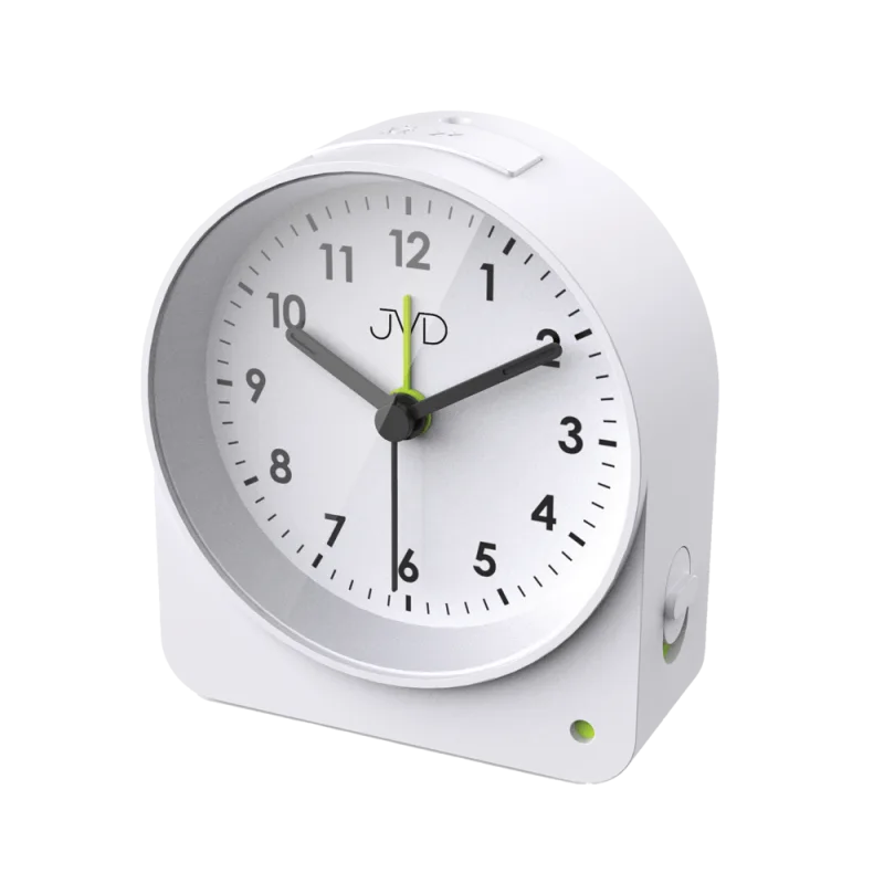 JVD Analogový bílý netikající tichý budík JVD SRP5138.1 se senzorem stmívání