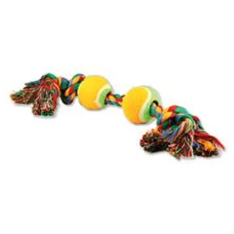 Hračka DOG FANTASY barevná 2 knoty + 2 tenisáky 35 cm