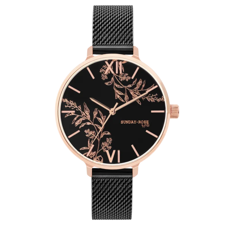 JVD Dámské květinové designové ocelové černé rose gold hodinky SUNDAY ROSE Dark Spring SUN-S29
