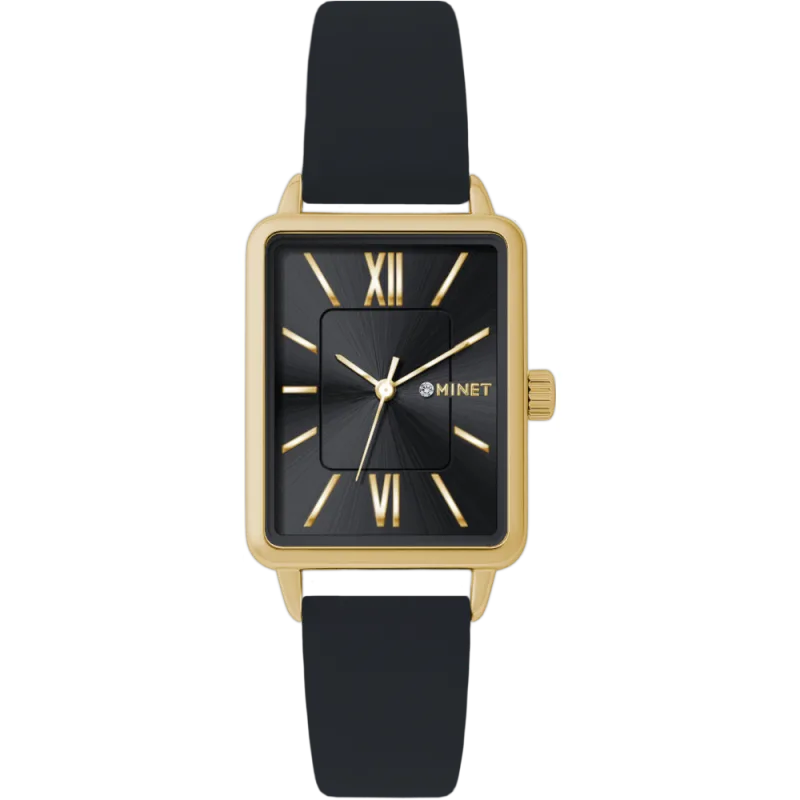 MINET Zlato-černé dámské hodinky SIENA s černým koženým řemínkem MWL5425