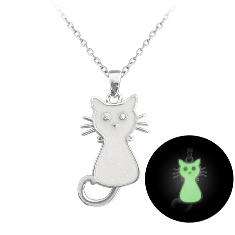 MINET Svítící bílý dětský stříbrný náhrdelník KOČIČKA JMAD0024WN38