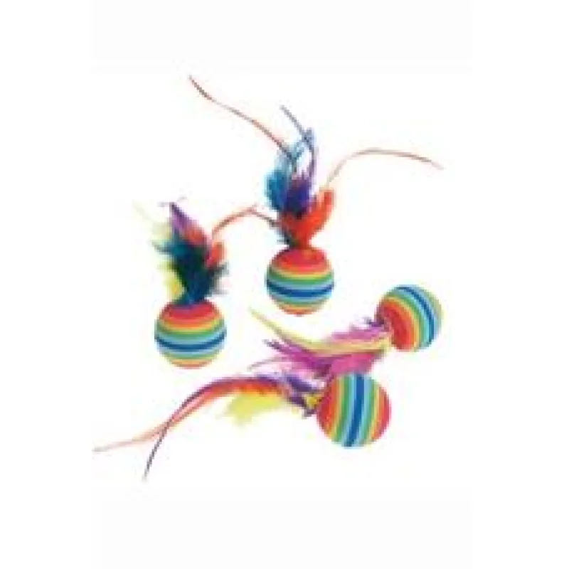 Hračka kočka Míčky s pérky duhové 4ks 1 ks