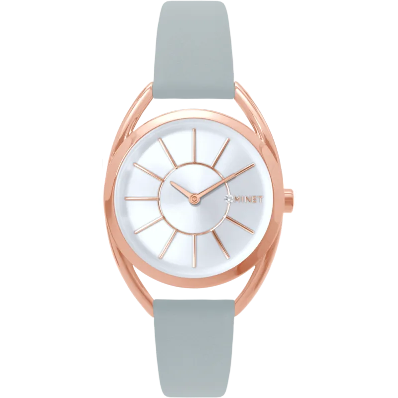 MINET Rose gold dámské hodinky ICON PINK se šedým koženým řemínkem MWL5242