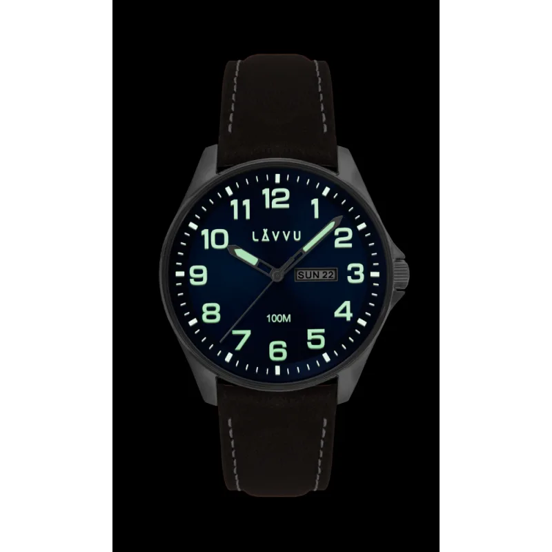 Ocelové pánské hodinky LAVVU BERGEN Blue / Top Grain Leather se svítícími čísly LWM0144