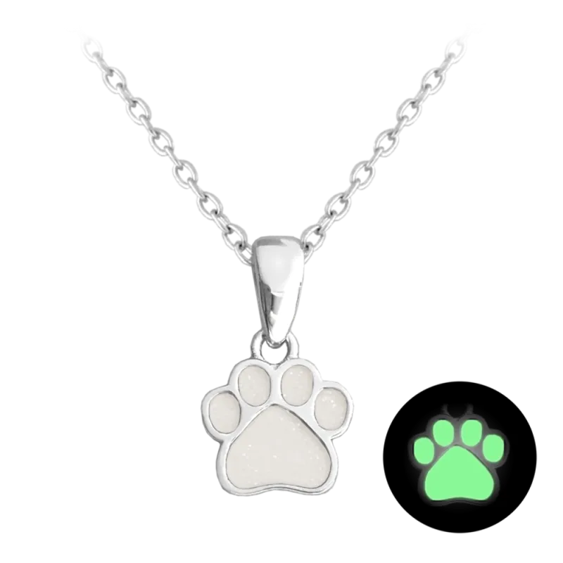 MINET Svítící bílý dětský stříbrný náhrdelník TLAPKA